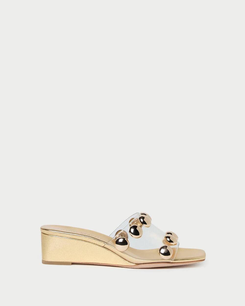 NEW LOEFFLER RANDALL women's enya studded wedge sandal in gold/champagne